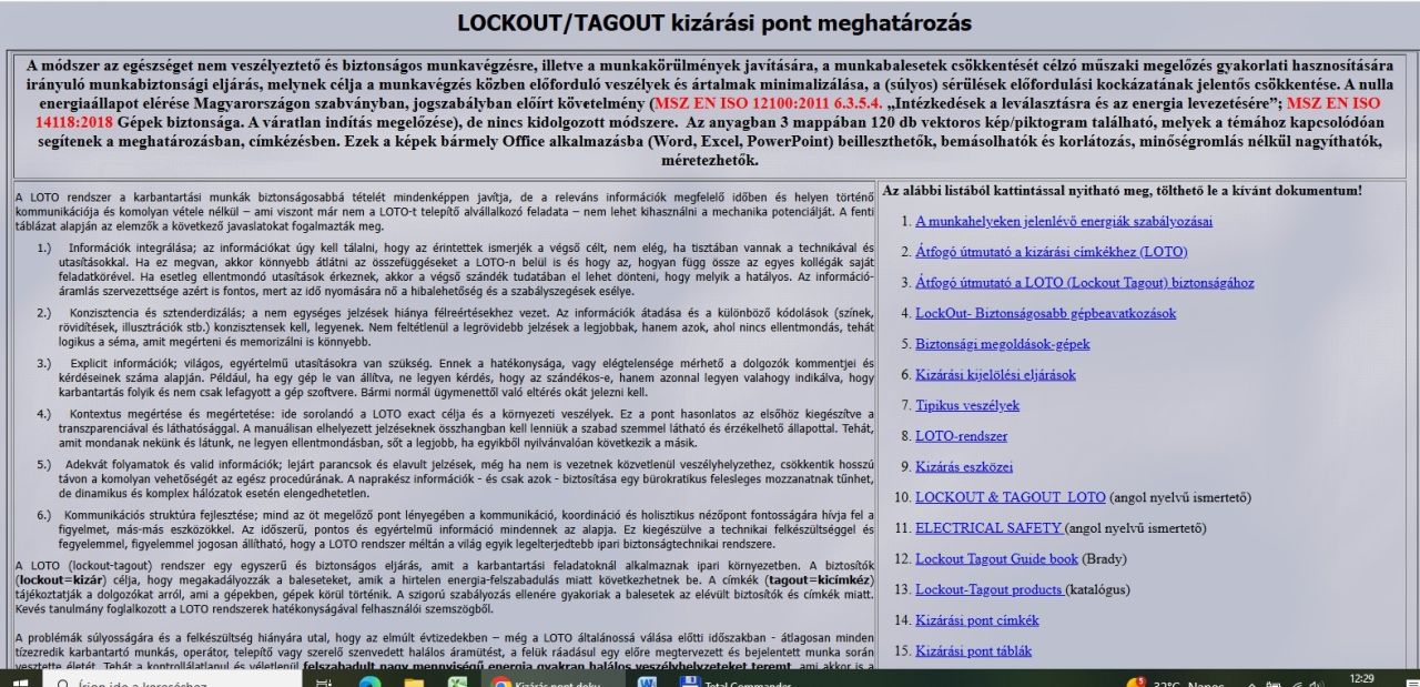LOCKOUT/TAGOUT kizárási pont meghatározás dokumentumcsomag